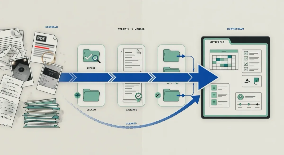 Filevine and GetDocs workflow split: case management downstream, document validation upstream